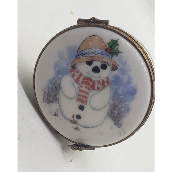 Vintage Limoges Porcelain Trinket Jewelry Box Snowman Holly Christmas Hand Paint - Picture 2 of 14